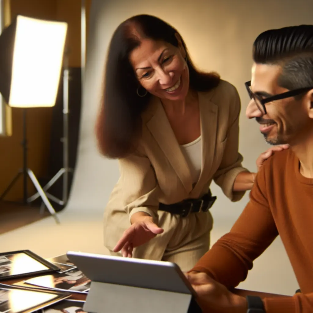 COF ART LTD photographer in conversation with a client during a planning session.