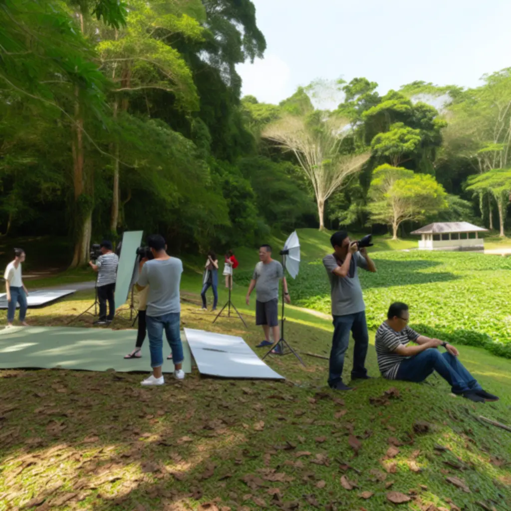 Photography team working with eco-conscious equipment and minimal-impact setup.