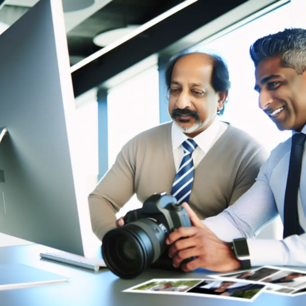 Client reviewing final photographs and smiling with satisfaction