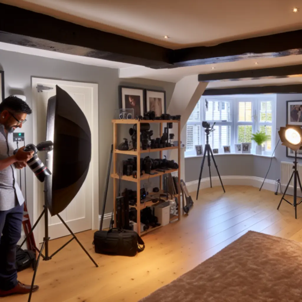 Professional photo session setup with lighting equipment and subject in studio